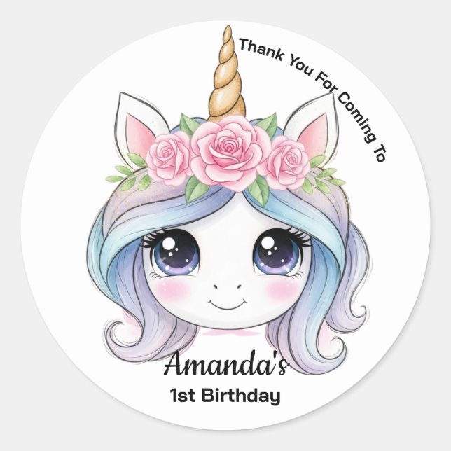 Personalized Unicorn Birthday Party Favor Sticker (Front)