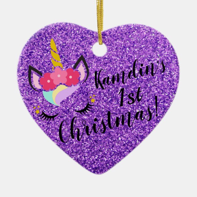 Personalized Unicorn Purple Glitter XMAS Ornament (Front)