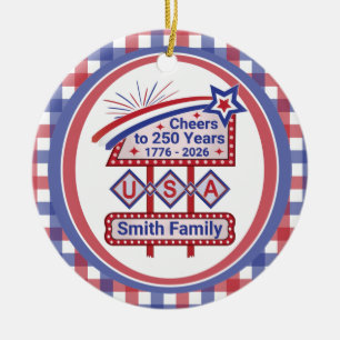 Personalized USA 250–Patriotic Retro Marquee Ceramic Tree Decoration