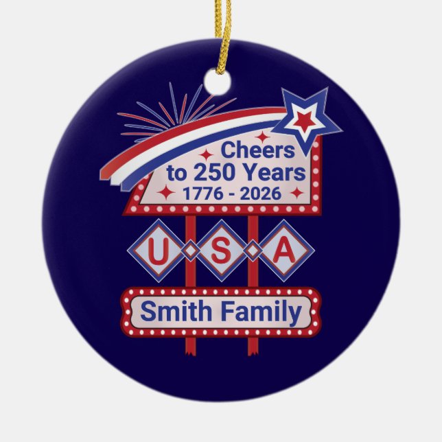 Personalized USA 250–Patriotic Retro Marquee Ceramic Tree Decoration (Front)