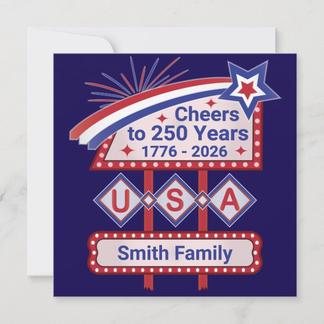 Personalized USA 250–Patriotic Retro Marquee Invitation (Front)