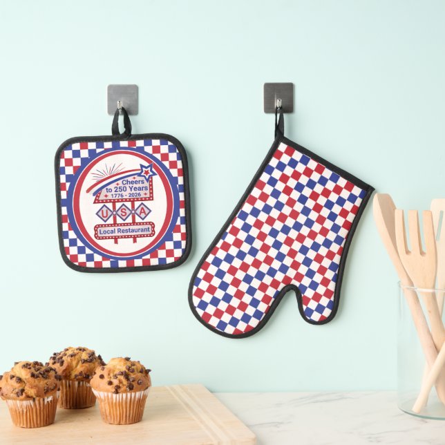 Personalized USA 250–Patriotic Retro Marquee Oven Mitt & Pot Holder Set (Insitu(Hanging))