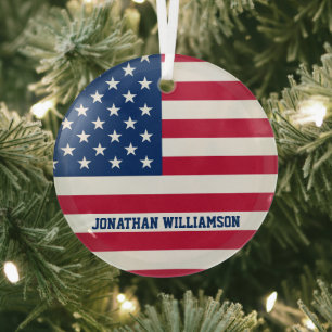 Personalized USA Flag Stars and Stripes Glass Tree Decoration