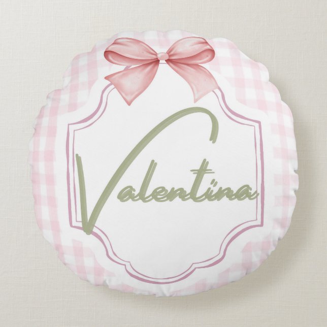 Personalized Valentina Baby Girl Nursery Gingham  Round Cushion (Front)