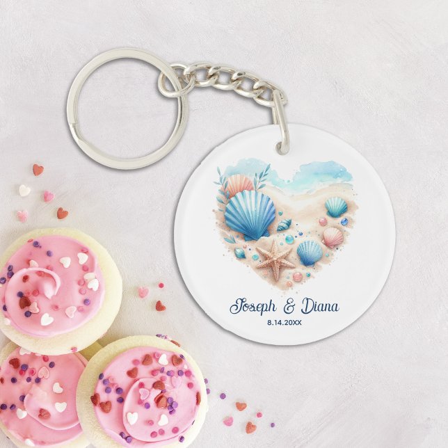 Personalized Valentine Anniversary Seashell Heart Key Ring (Beach Lovers Seashell Ocean Shore Heart Valentine's Day gift)