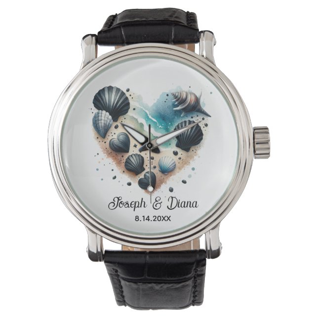Personalized Valentine Anniversary Seashell Heart Watch (Front)