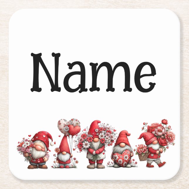 Personalized valentine gnomes square paper coaster (Front)