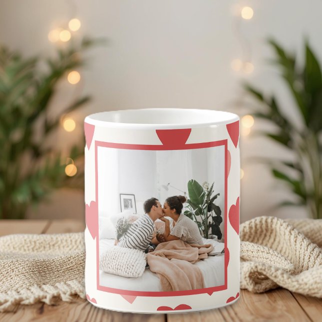 Personalized Valentine Photo Mug with Red Hearts (Creator Uploaded)