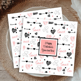 Personalized Valentine Pink Black Hearts Sketch Napkin