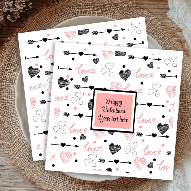 Personalized Valentine Pink Black Hearts Sketch  Napkin (Personalized Valentine Pink Black Hearts Sketch Napkins)