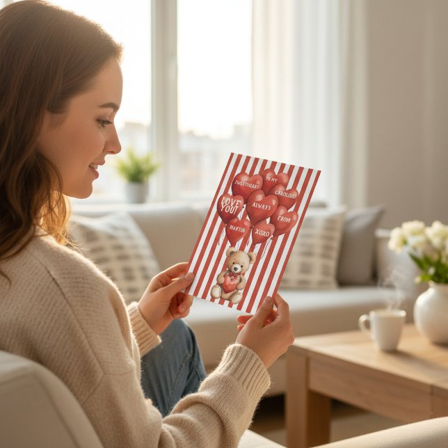 personalized valentines red striped bear  holiday card (Creator Uploaded)