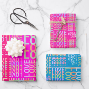 Personalized Vibrant Hot Pink, Blue "LOVE" Couple Wrapping Paper Sheet
