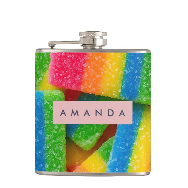 Personalized Vibrant Rainbow Candy Stripe  Hip Flask (Front)