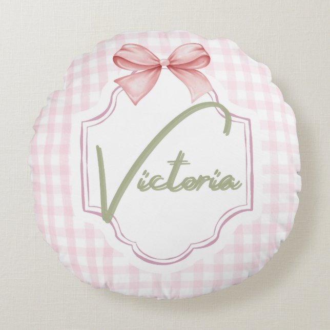 Personalized Victoria Baby Girl Nursery Bow Round Cushion (Front)