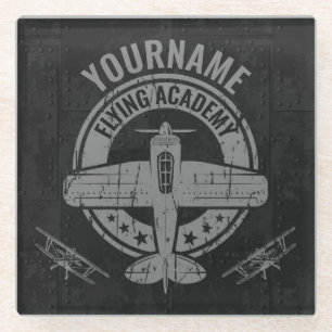 Personalized Vintage Airplane Pilot Flying Academy Glass Coaster
