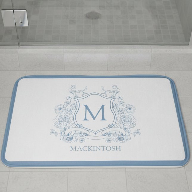 Personalized Vintage Blue Bath Mat (elegant powder blue french provincial family crest personalized monogram bath mat)