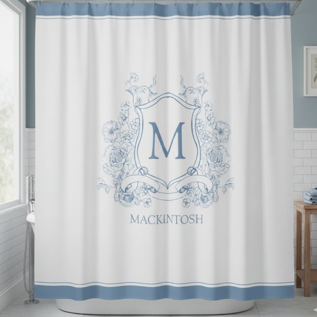 Personalized Vintage Blue Monogram Shower Curtain (personalized elegant blue toile french provincial family crest monogram shower curtain)