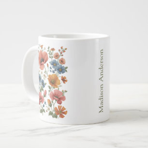 Personalized Vintage Botanical Poppies Large Coffee Mug