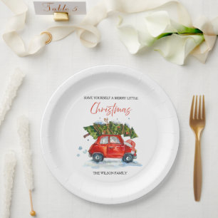 Personalized Vintage Christmas – Red Car with Tree Paper Plate