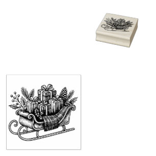 Personalized Vintage Christmas Sleigh with Gifts Rubber Stamp