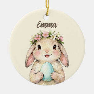 Personalized Vintage Easter Bunny with Egg Ceramic Tree Decoration