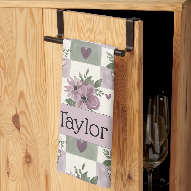 Personalized Vintage Floral Checkered Tea Towel (Thirds Fold)
