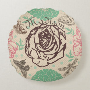 Personalized Vintage Floral Rose Garden Round Cushion