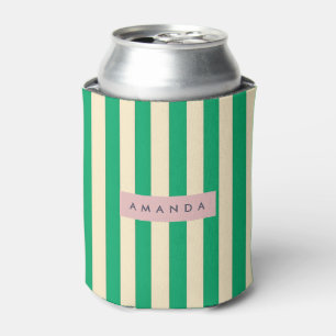 Personalized Vintage Green and Cream Stripe Can Cooler