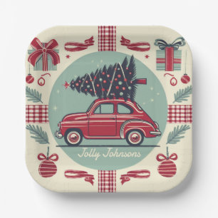 Personalized Vintage Holiday Retro Christmas Car Paper Plate