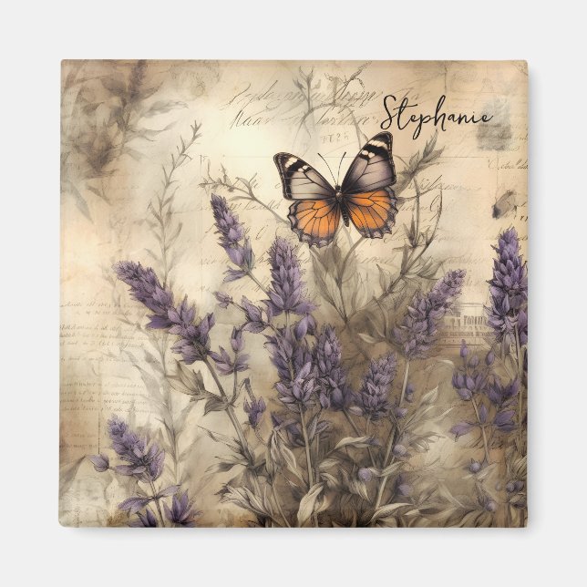 Personalized Vintage Lavender Butterfly Art Magnet (Front)