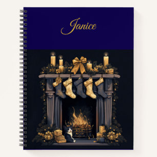 Personalized Vintage Navy Blue and Gold Christmas  Notebook