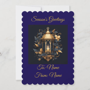  Personalized Vintage Navy Blue and Gold Lantern  Holiday Card