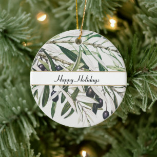 Personalized Vintage Olive Branch Happy Holidays Ceramic Tree Decoration