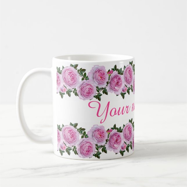 Personalized Vintage Pink Peonies Coffee Mug (Left)