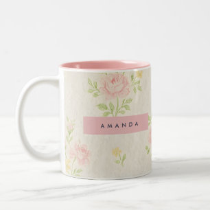 Personalized Vintage Pink Rose Flower Two-Tone Coffee Mug