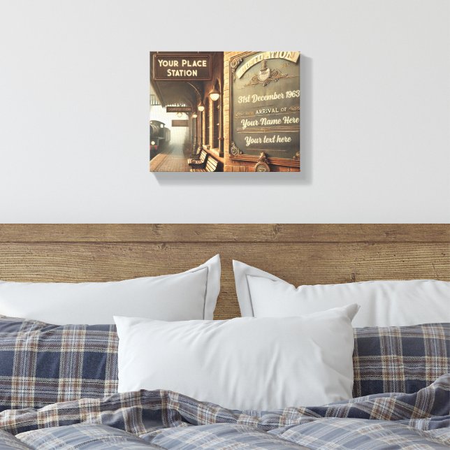 Personalized Vintage Railway Station Canvas Print (Insitu(Bedroom))