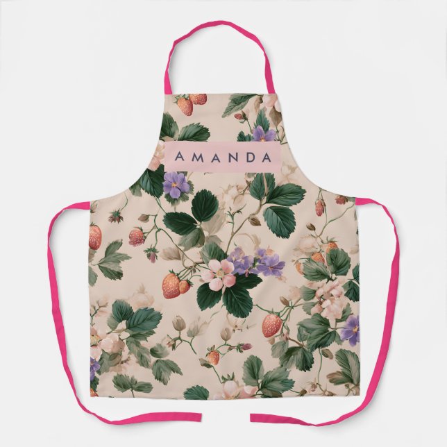 Personalized Vintage Strawberry Botanical Floral Apron (Front)