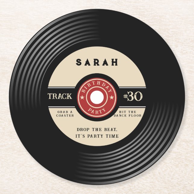 Personalized Vinyl Record Birthday Paper Coasters (Front)