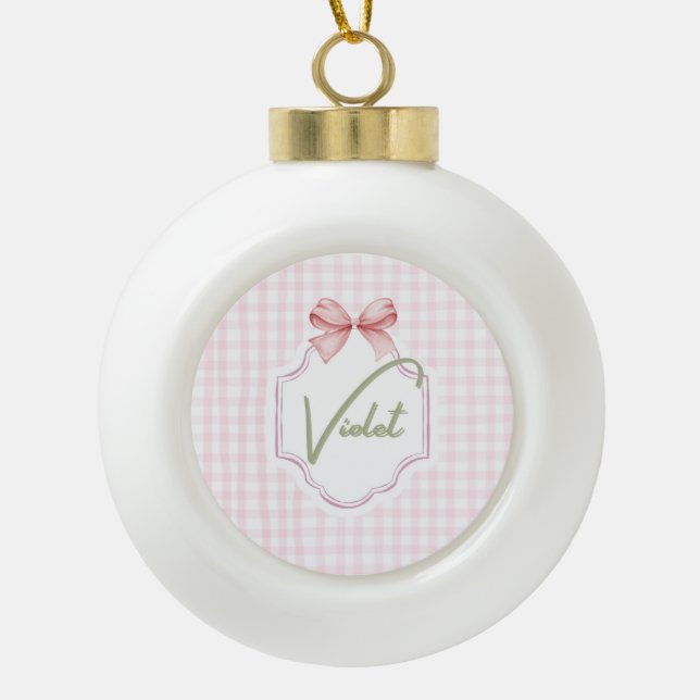 Personalized Violet Baby Girl Nursery Bow&Gingham  Ceramic Ball Christmas Ornament (Front)
