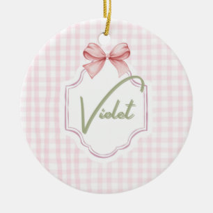 Personalized Violet Baby Girl Nursery Bow&Gingham Ceramic Tree Decoration