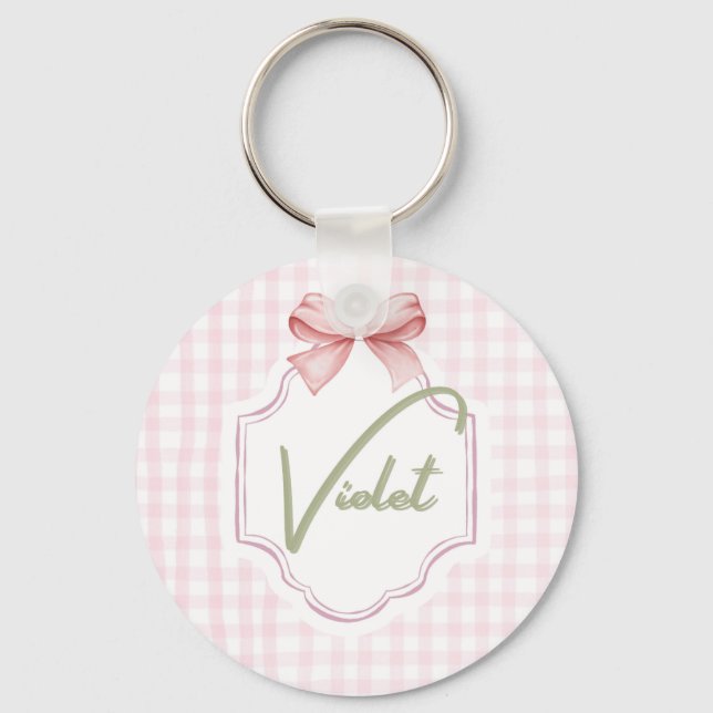 Personalized Violet Baby Girl Nursery Bow&Gingham  Key Ring (Front)