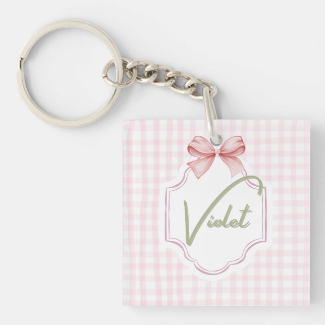 Personalized Violet Baby Girl Nursery Bow&Gingham  Key Ring (Front)