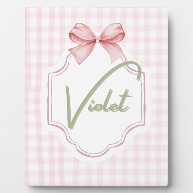 Personalized Violet Baby Girl Nursery Bow&Gingham  Plaque (Front)