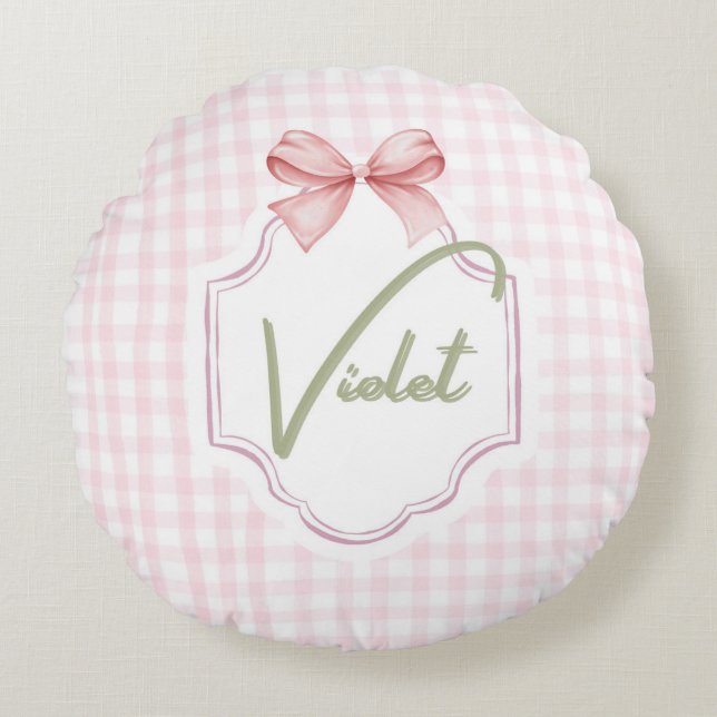 Personalized Violet Baby Girl Nursery Bow&Gingham  Round Cushion (Front)