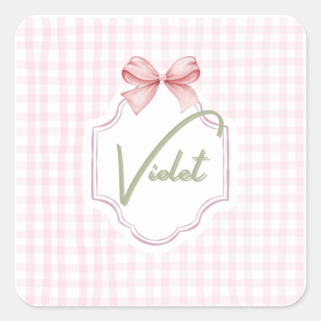 Personalized Violet Baby Girl Nursery Bow&Gingham  Square Sticker (Front)