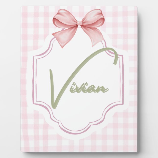 Personalized Vivian Baby Girl Nursery Bow&Gingham Plaque (Front)