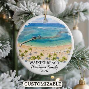 Personalized Waikiki Beach Ornament, Custom Hawaii Ceramic Tree Decoration