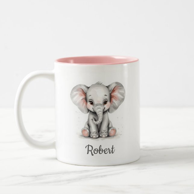 Personalized Watercolor Baby Elephant Mug. Two-Tone Coffee Mug (Left)