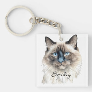 Personalized Watercolor Balinese Pet Photo Name on Key Ring