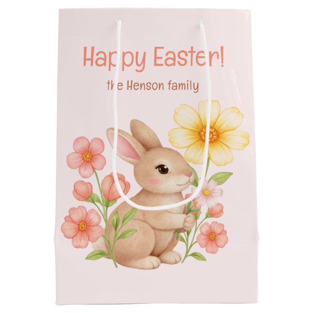 Personalized Watercolor Bunny Happy Easter  Medium Gift Bag (Back)